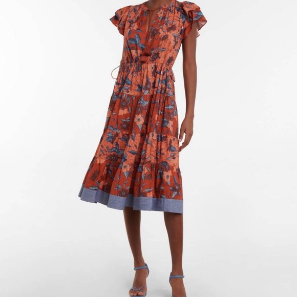 Ulla Johnson Floral Midi Dress - Orange and Blue - Picture 1 of 12